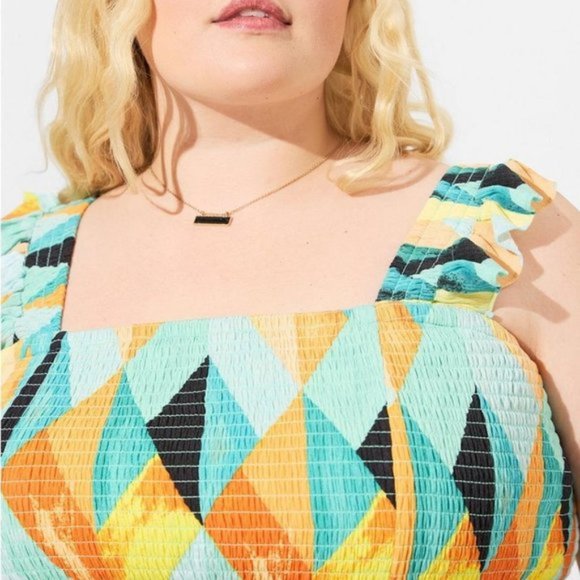 Torrid - Peplum Washable Crinkle Gauze Smocked Tank Top in Geo-Multi - Picture 12 of 13